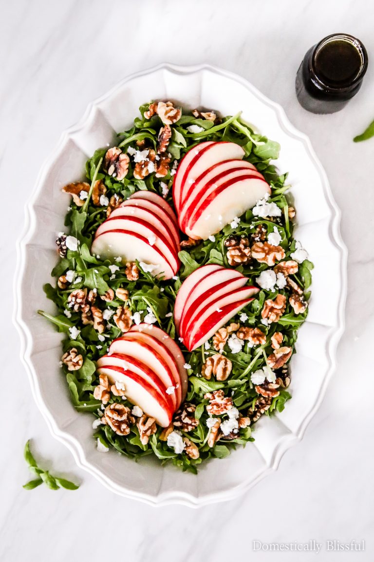 This Apple Goat Cheese Arugula Salad with homemade honey balsamic vinegaratte paired with Michael Angelo's Eggplant Parmigiana helps turn frozen meals into a memorable dinner.