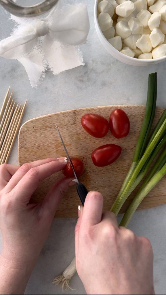 This Caprese Tulips Bouquet is made with grape tomatoes, mini mozzarella, and scallions.