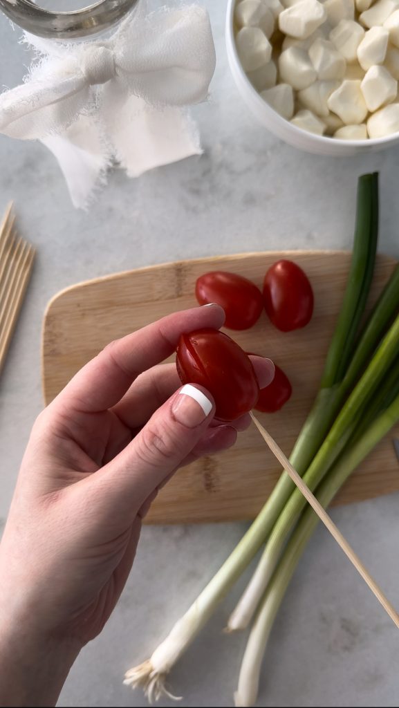 This Caprese Tulips Bouquet is made with grape tomatoes, mini mozzarella, and scallions.