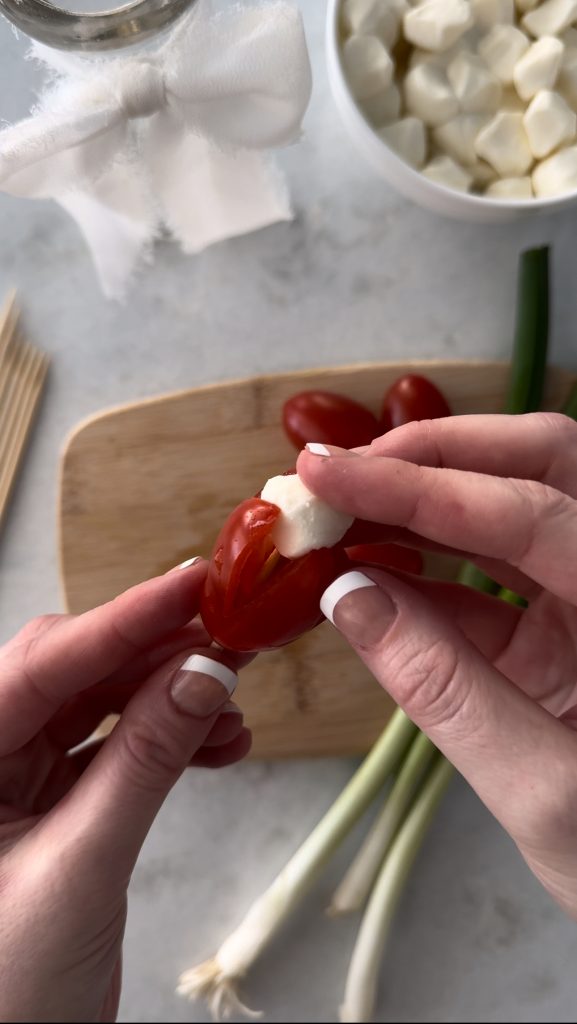 This Caprese Tulips Bouquet is made with grape tomatoes, mini mozzarella, and scallions.