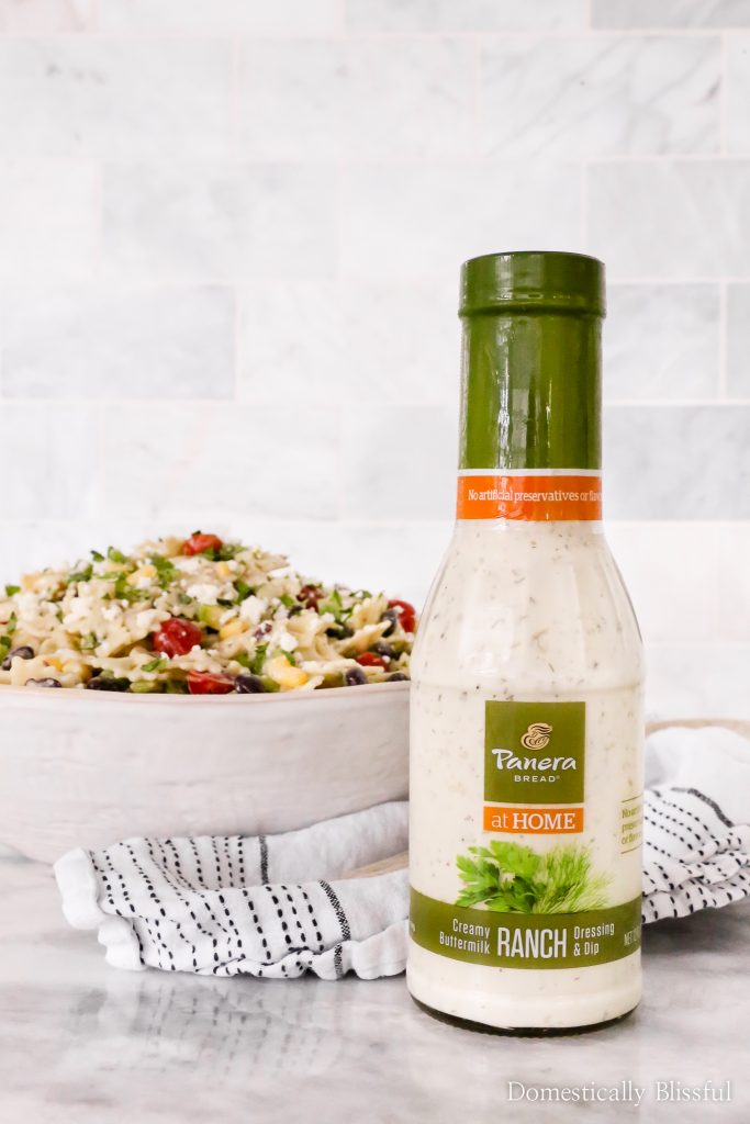 This Mexican Pasta Salad is a colorful vegetarian pasta recipe filled with fresh vegetables and topped with Panera Creamy Buttermilk Ranch+Dip at Publix.