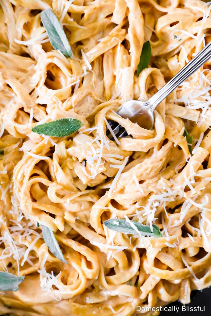 This Creamy Pumpkin Alfredo Fettuccine is a great use for leftover pure pumpkin and is a creamy fall dinner recipe your whole family will love!