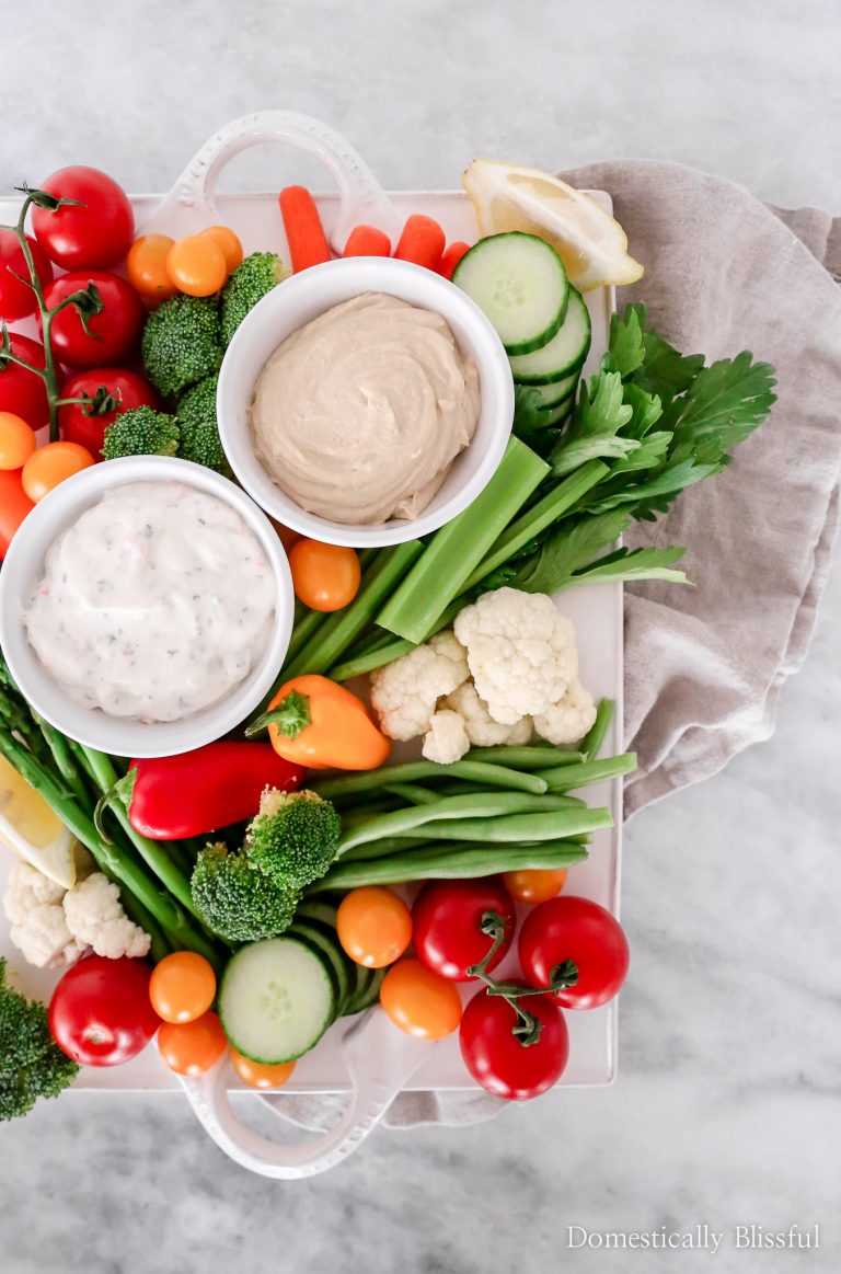 This Crudités Platter is loaded with fresh produce and is the perfect vegetable tray for weeknight meals or weekend dinner parties!