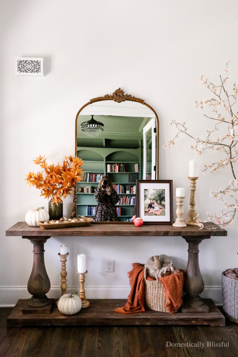 Simple Fall Entryway Decor with fall stems, a DIY fall maple tree, pumpkins, and cozy fall colors.