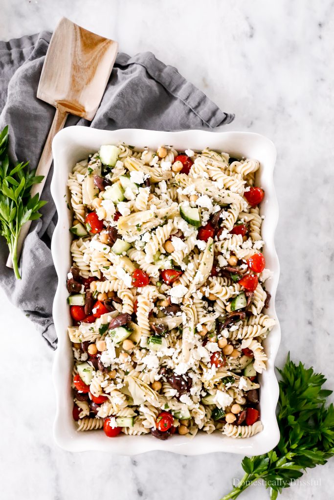 An easy Greek Pasta Salad you can make ahead of time this summer for an easy dinner or a flavorful party side dish.