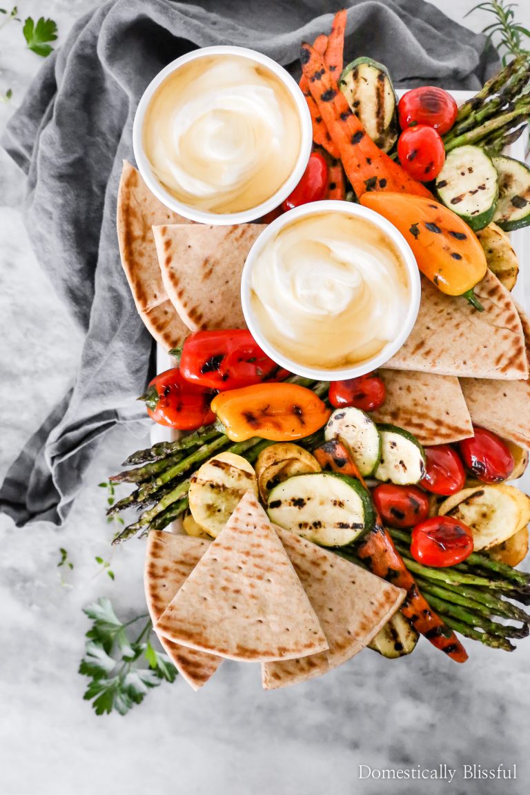 This Marinated Grilled Vegetables with whipped feta and honey is the perfect side dish for your next Mediterranean dinner.