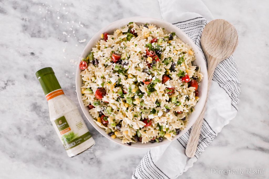 This Mexican Pasta Salad is a colorful vegetarian pasta recipe filled with fresh vegetables and topped with Panera Creamy Buttermilk Ranch+Dip at Publix.
