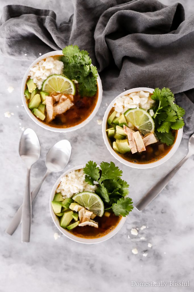 This Vegetarian Tortilla Soup is topped with fresh flavors and oven-roasted corn tortilla chips.
