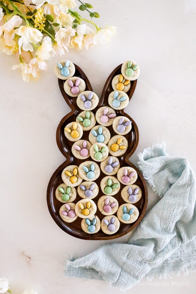 These Mini Bunny Sugar Cookies are made with pastel M&M's and are the perfect bite-sized dessert for an Easter brunch or spring party.