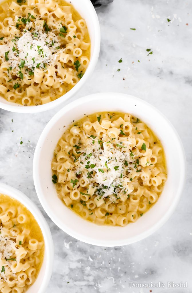 This Parmesan Pasta Soup is a cozy vegetarian soup recipe that is made with only 5 ingredients!