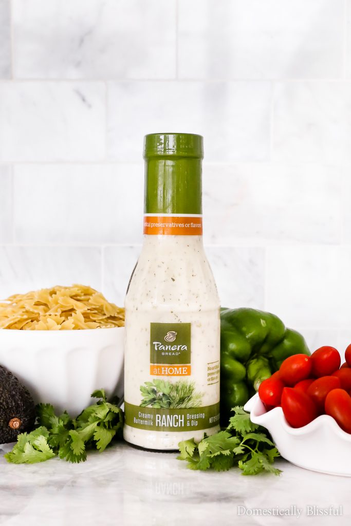 This Mexican Pasta Salad is a colorful vegetarian pasta recipe filled with fresh vegetables and topped with Panera Creamy Buttermilk Ranch+Dip at Publix.