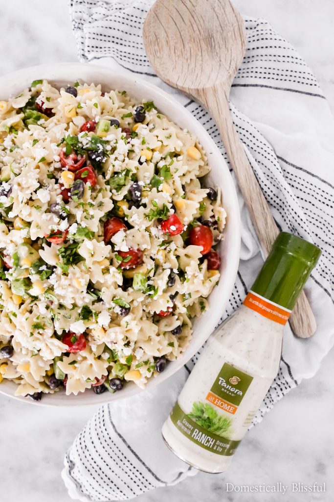 This Mexican Pasta Salad is a colorful vegetarian pasta recipe filled with fresh vegetables and topped with Panera Creamy Buttermilk Ranch+Dip at Publix.