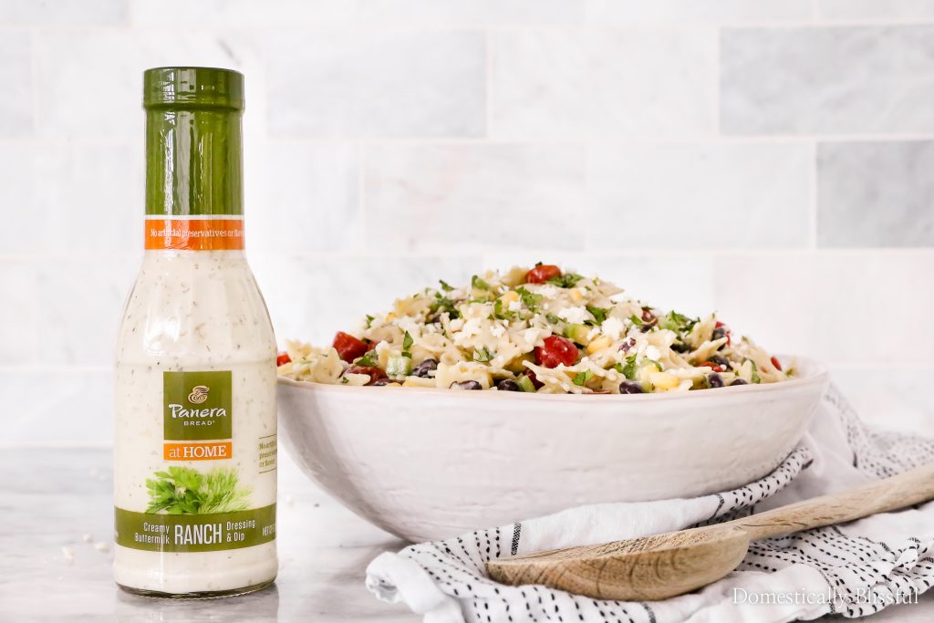 This Mexican Pasta Salad is a colorful vegetarian pasta recipe filled with fresh vegetables and topped with Panera Creamy Buttermilk Ranch+Dip at Publix.
