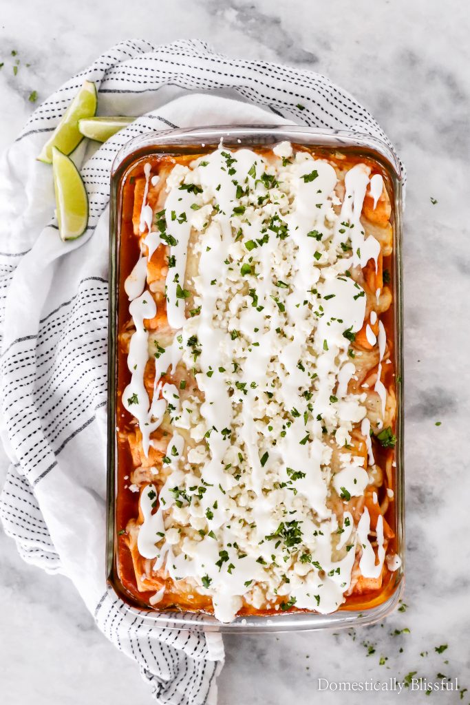 This Vegetarian Enchiladas recipe is topped with fresh flavors and filled with zucchini, broccoli, red pepper, corn, and black beans for a deliciously filling dinner. 