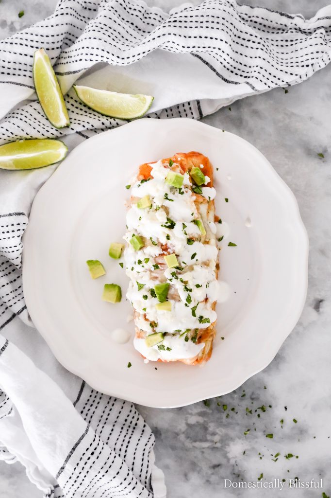 This Vegetarian Enchiladas recipe is topped with fresh flavors and filled with zucchini, broccoli, red pepper, corn, and black beans for a deliciously filling dinner. 