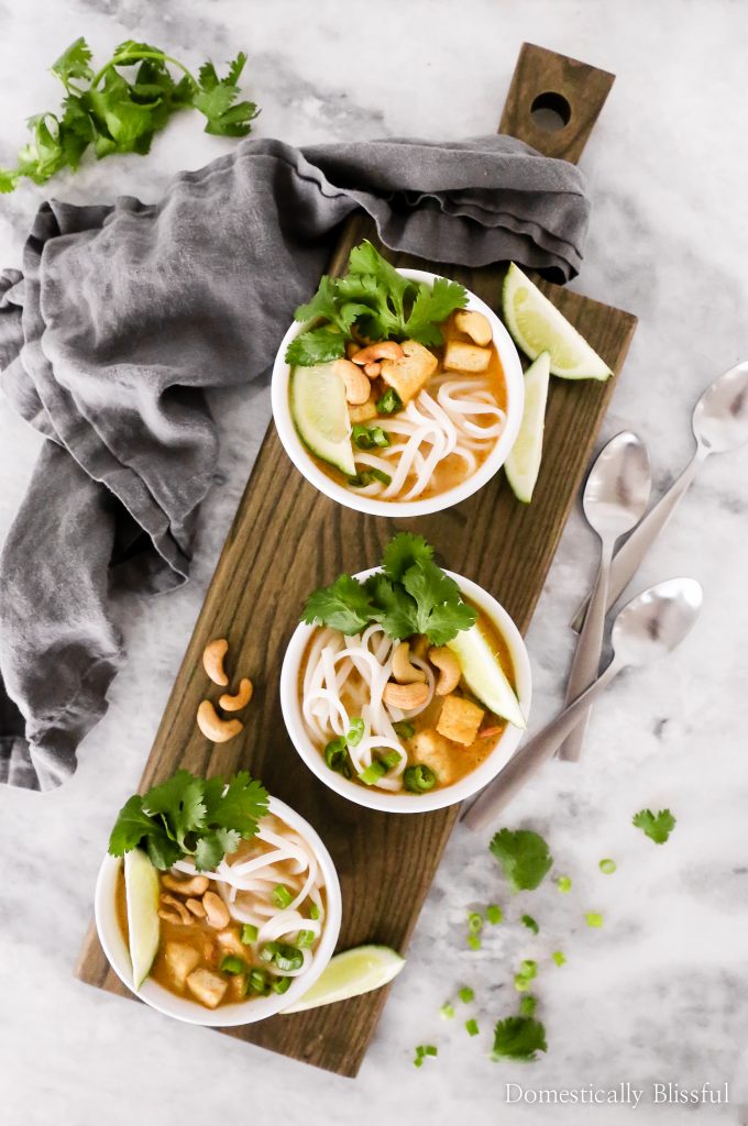 This Thai Tofu Noodle Soup is a vegetarian soup filled with noodles, tofu, and fresh vegetables and is topped with cashews, cilantro, chives, and fresh-squeezed lime!