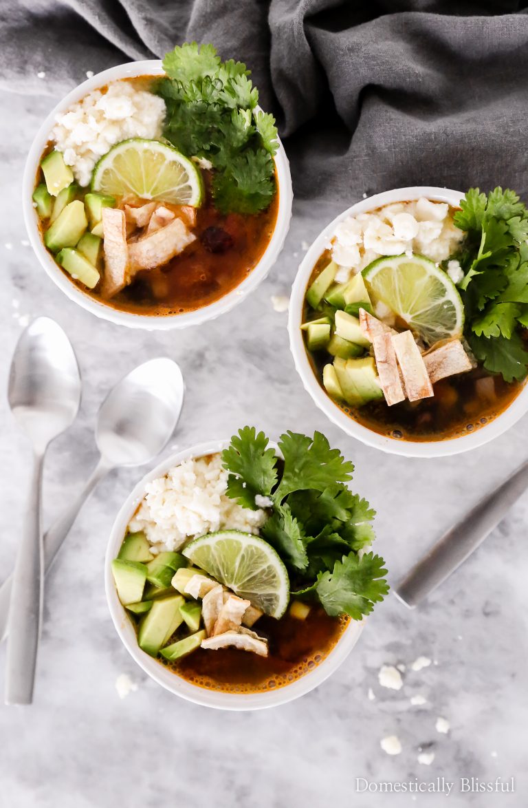 This Vegetarian Tortilla Soup is topped with fresh flavors and oven-roasted corn tortilla chips.