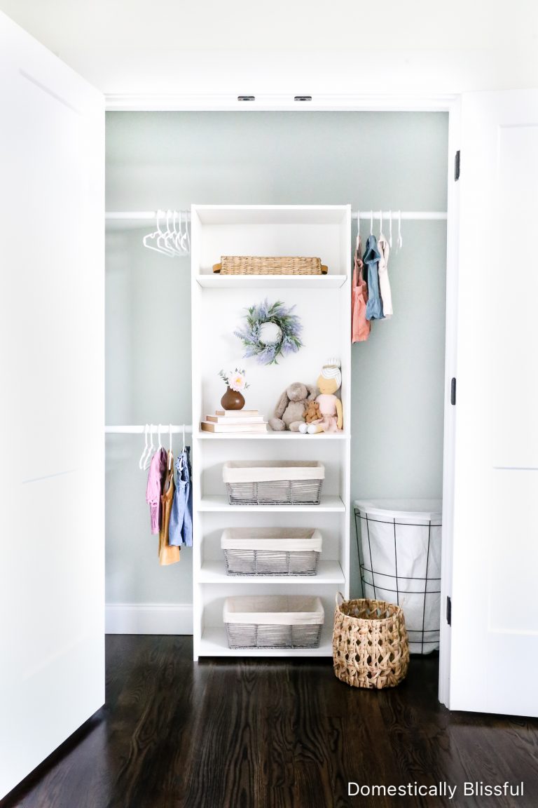 A Small Closet Makeover removing wire shelving, adding a fresh coat of beautiful paint, and installing new closet shelving for the nursery.