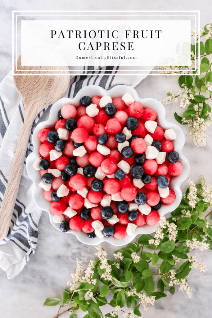 This Patriotic Fruit Caprese is a fun way to enjoy your favorite summer fruit and mini mozzarella balls on the 4th of July.