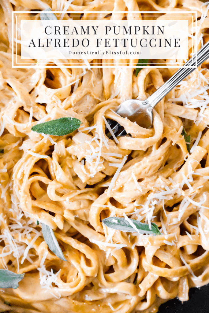 This Creamy Pumpkin Alfredo Fettuccine is a great use for leftover pure pumpkin and is a creamy fall dinner recipe your whole family will love!