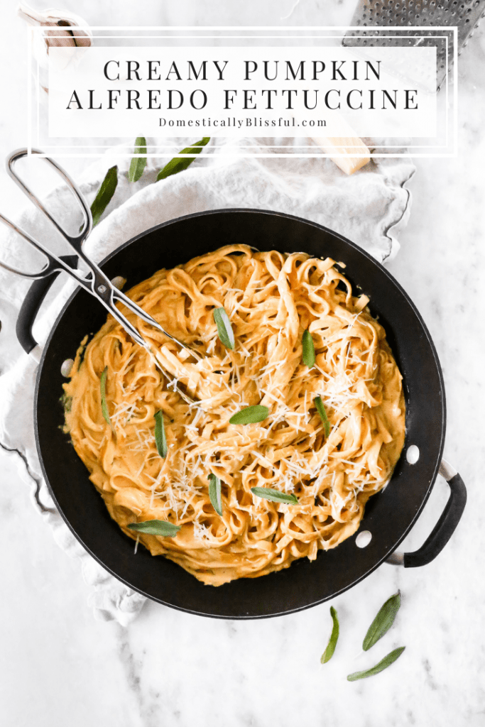 This Creamy Pumpkin Alfredo Fettuccine is a great use for leftover pure pumpkin and is a creamy fall dinner recipe your whole family will love!