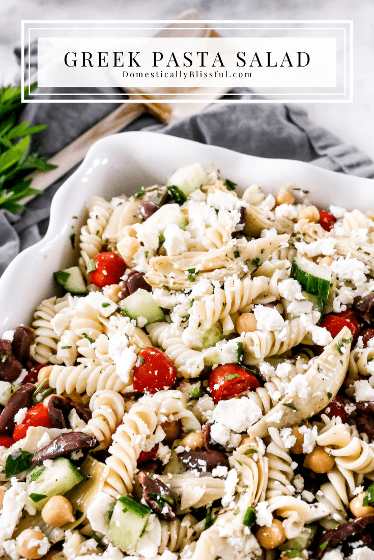 An easy Greek Pasta Salad you can make ahead of time this summer for an easy dinner or a flavorful party side dish.