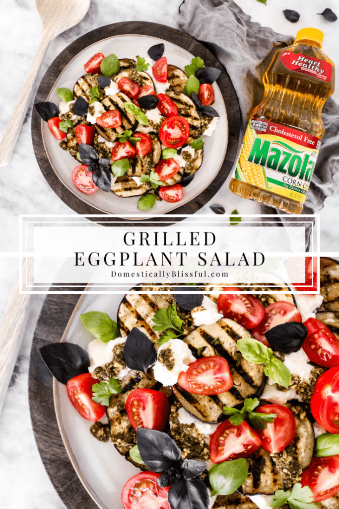 This Grilled Eggplant Salad is marinated, grilled, and topped with whipped ricotta, pesto, quartered tomatoes, and fresh herbs.