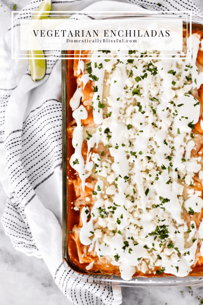 This Vegetarian Enchiladas recipe is topped with fresh flavors and filled with zucchini, broccoli, red pepper, corn, and black beans for a deliciously filling dinner. 