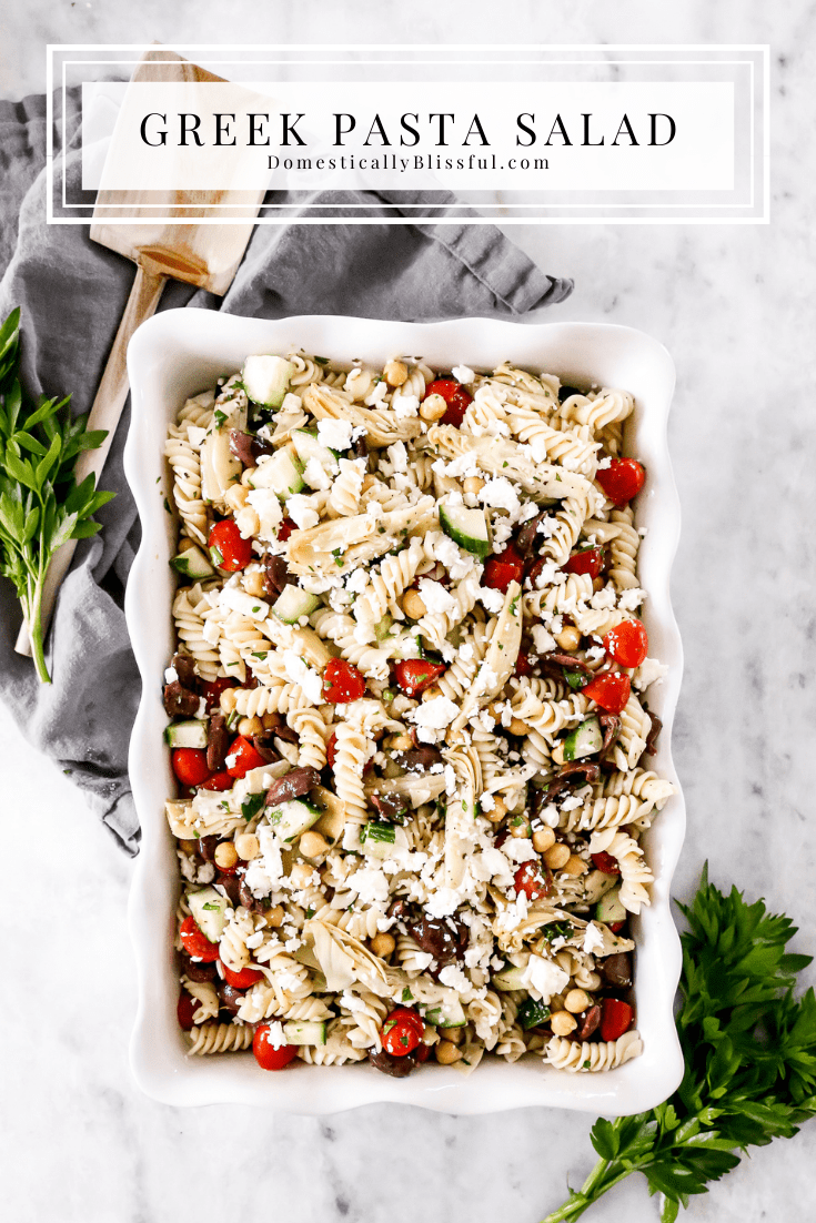 An easy Greek Pasta Salad you can make ahead of time this summer for an easy dinner or a flavorful party side dish.