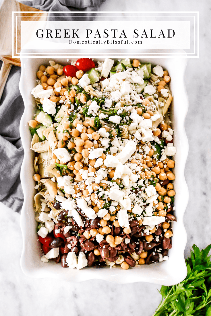 An easy Greek Pasta Salad you can make ahead of time this summer for an easy dinner or a flavorful party side dish.