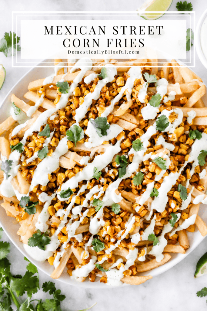 These Mexican Street Corn Fries are super easy to make with a base of crispy fries and melted cheese, topped with roasted corn, drizzled with cilantro cream sauce, and a squeeze of lime.