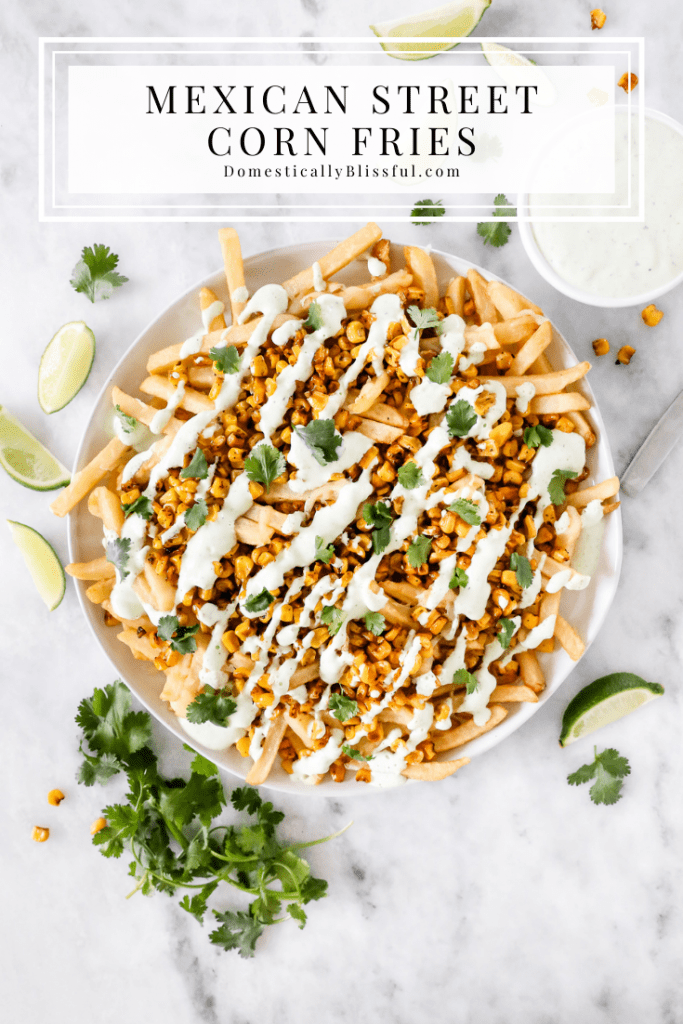 These Mexican Street Corn Fries are super easy to make with a base of crispy fries and melted cheese, topped with roasted corn, drizzled with cilantro cream sauce, and a squeeze of lime.