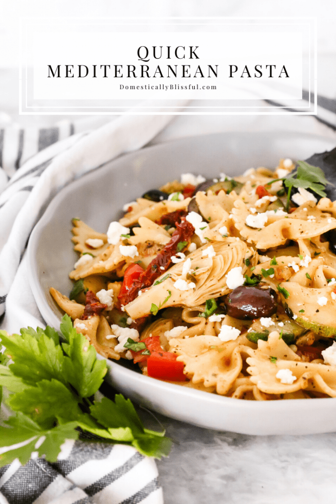 This Quick Mediterranean Pasta can be made in 15 minutes and is filled with a variety of colorful ingredients for a fun vegetarian dinner!