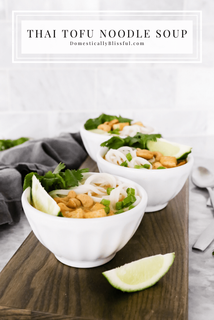 This Thai Tofu Noodle Soup is a vegetarian soup filled with noodles, tofu, and fresh vegetables and is topped with cashews, cilantro, chives, and fresh-squeezed lime!