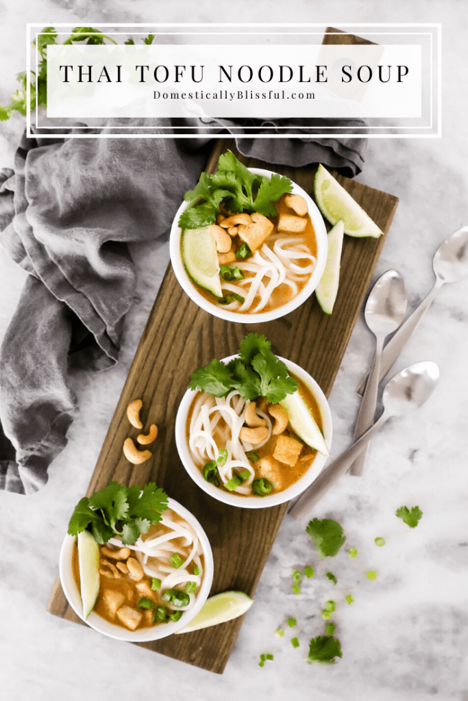 This Thai Tofu Noodle Soup is a vegetarian soup filled with noodles, tofu, and fresh vegetables and is topped with cashews, cilantro, chives, and fresh-squeezed lime!