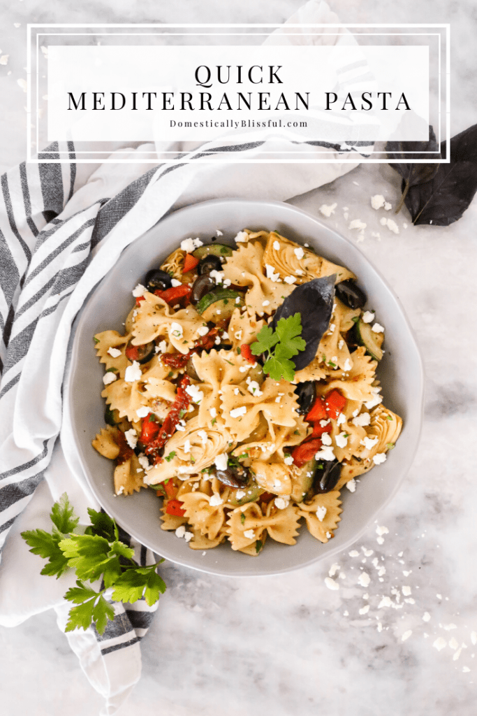 This Quick Mediterranean Pasta can be made in 15 minutes and is filled with a variety of colorful ingredients for a fun vegetarian dinner!