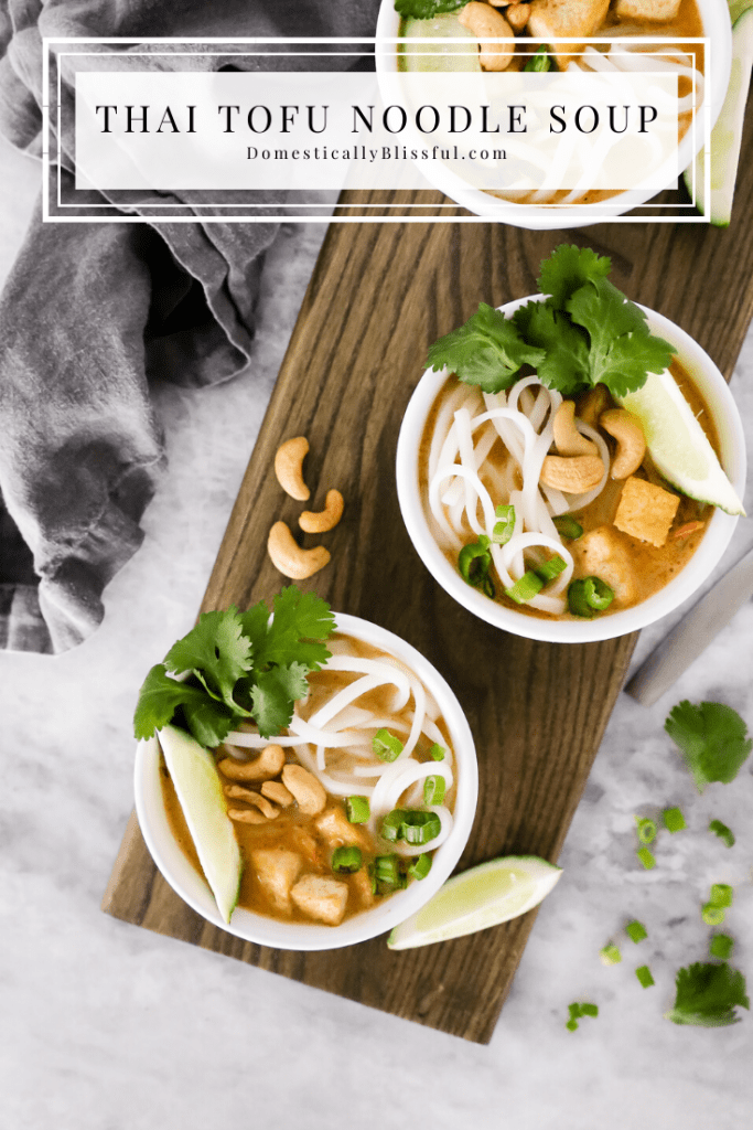 This Thai Tofu Noodle Soup is a vegetarian soup filled with noodles, tofu, and fresh vegetables and is topped with cashews, cilantro, chives, and fresh-squeezed lime!